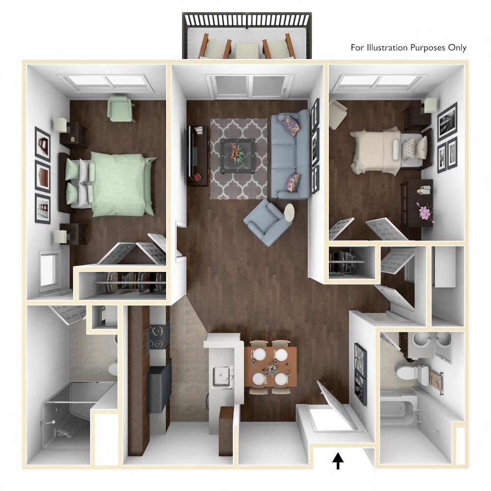 Birch: two bedroom two bathroom floor plan Aerial cut-away view of Birch: model furnished 2/2 with balcony.